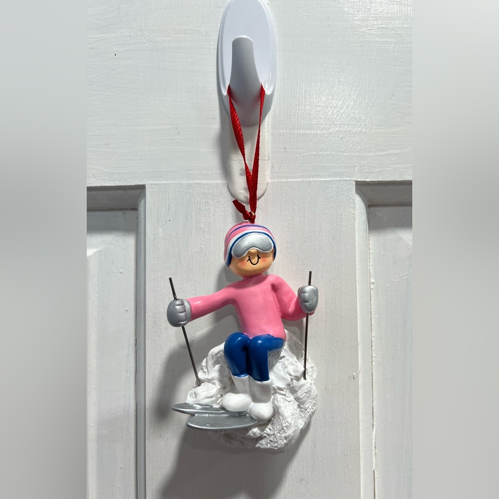 Skier Female Pink Blue White Christmas Tree Holiday Ornament Pre Loved EXCELLENT